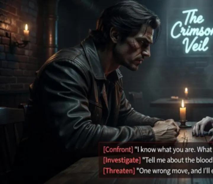 Zrzut ekranu z dialogu w Vampire: The Masquerade — Coteries of New York, pokazujący wybory wpływające na relacje