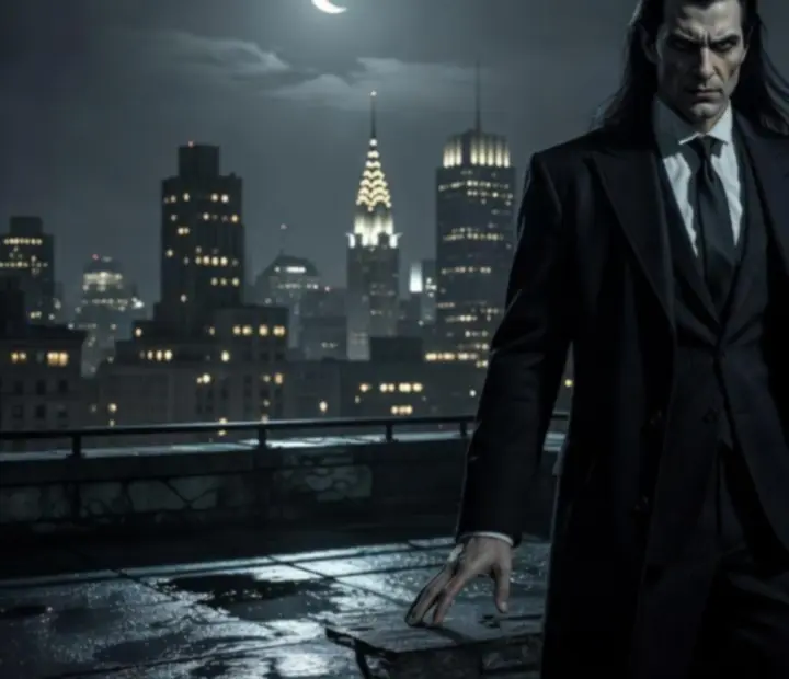 Stylizowany wampir na tle nocnego Nowego Jorku w grze Vampire: The Masquerade — Coteries of New York