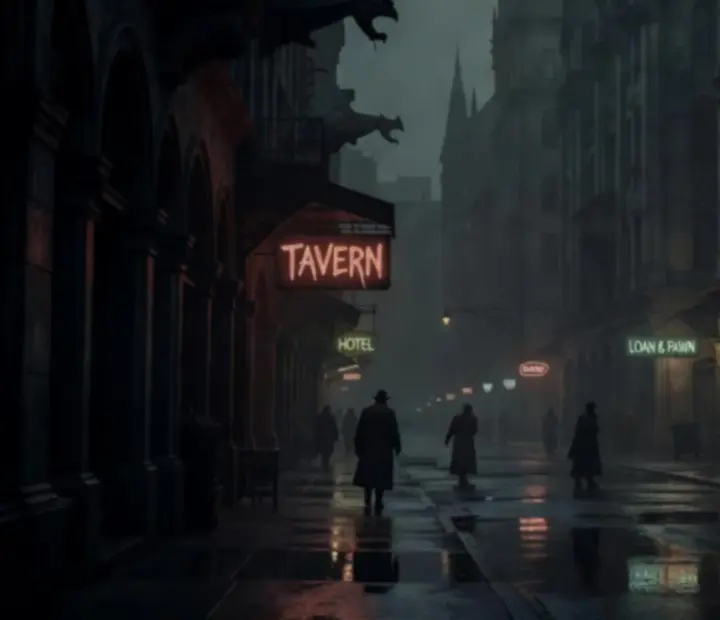 Nocna, deszczowa ulica Nowego Jorku w mrocznej, noir stylistyce