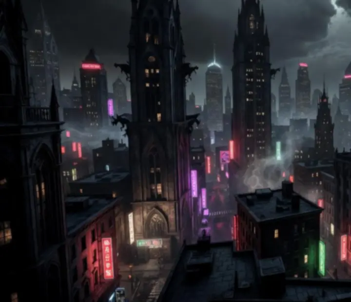 Nocny widok na Nowy Jork w mrocznym, gotyckim stylu, kojarzący się z Vampire: The Masquerade — Coteries of New York